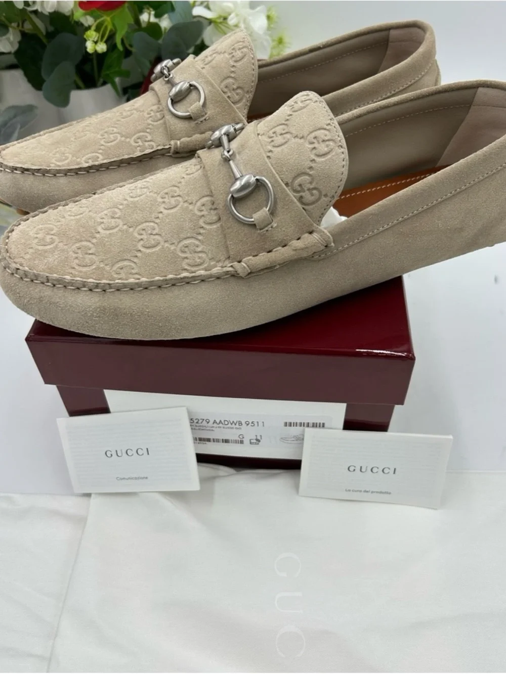 Men's Gucci, GG embossed suede driver loafers size 13 fits 13.5 US made in Italy
